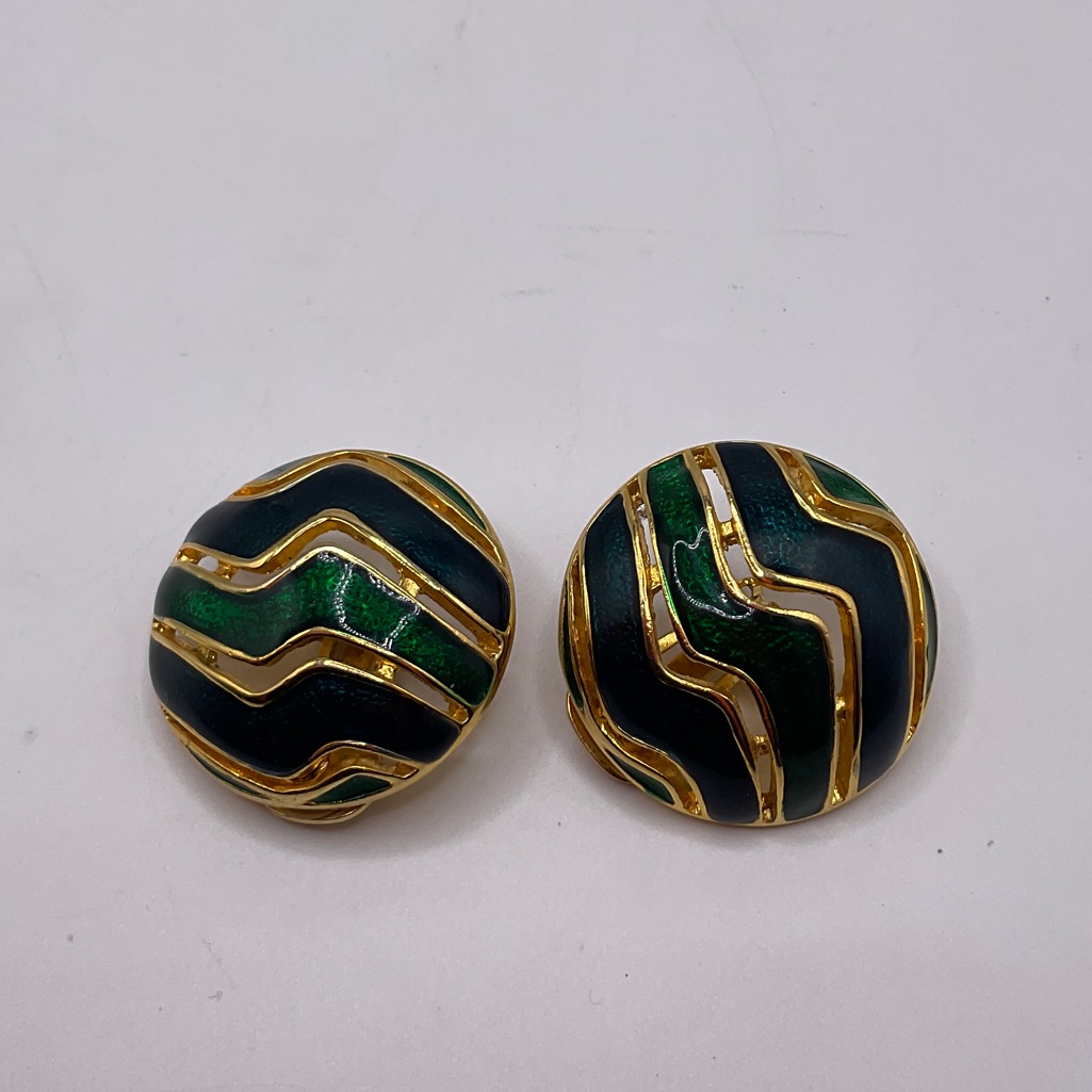 Green And Black Clip On Enamel Earring | Gold Plated